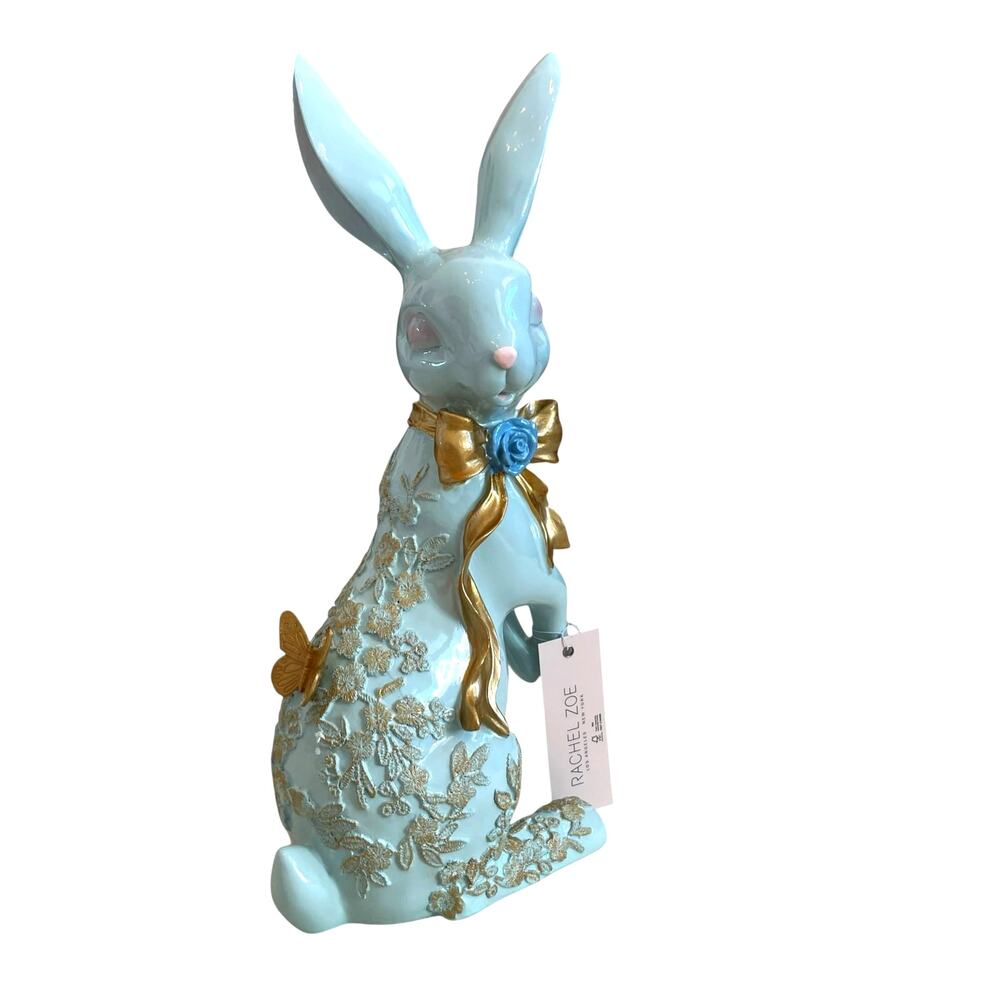 Rachel Zoe Light Pastel Blue Easter Bunny Rabbit Figurine Gold Lace Butterflies